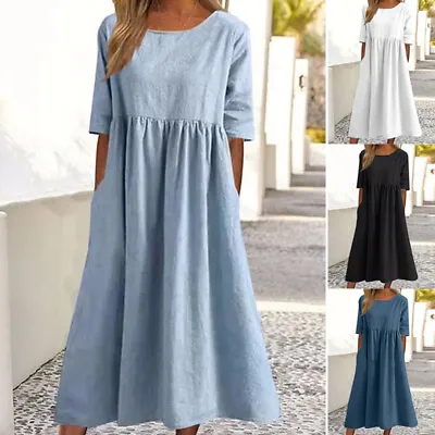 Womens Short Sleeve Pleated Midi Dress Ladies Casual Baggy Solid Swing Dresses • £12.03