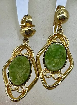 Vintage Gold Plated Jade Or Green Agate Drop Ornate Dangle Earrings • $19.99