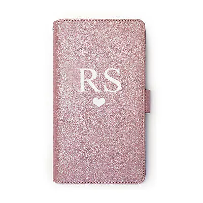 Personalised Initials Heart Rose Pink PU Leather Glitter Flip Phone Case • £14.99