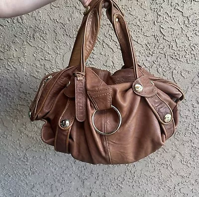 Gustto Large Baca Leather Satchel Handbag In Tan Caramel With Gold Hardware • $295