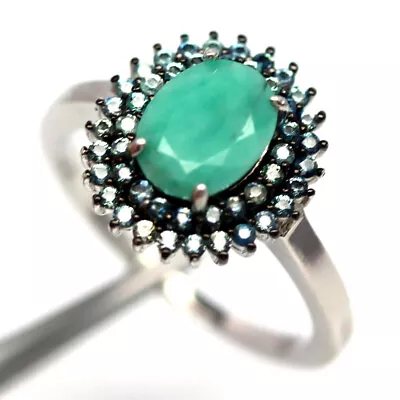 Gemstone 6 X 9 MM. Green Emerald & Sapphire Jewelry Ring 925 Silver Size 8 • $9.99