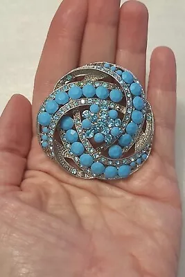 Vintage Statement Piece Faux-Turquoise & Blue Rhinestone Swirl Brooch Gorgeous! • $12.99