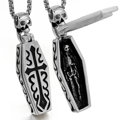 Mens Gothic Skull Coffin Pendant Punk Retro Necklace Stainless Steel Chain 24  • $0.43