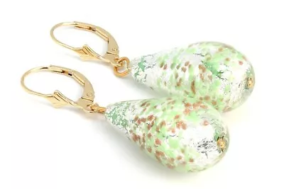 9ct Gold Murano Leverback Drop Earrings  Pistachio  Made In UK • £60.99