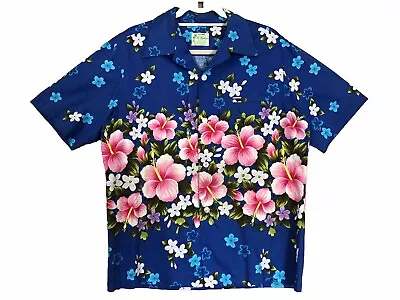 Vintage Ui Maikai Hawaiian Men's Shirt Button Front Blue Floral Tropical Medium • $57.98