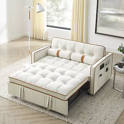 Modern 55.5  Velvet Pull Out Sleep Sofa Bed 2 Seater Loveseats Sofa Couch Beige • $449.99