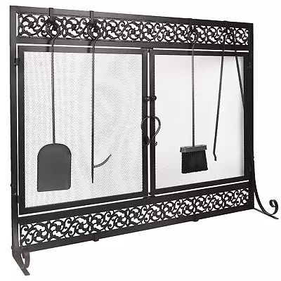 Metal Fireplace Screen Scrollwork Black Design Adjustable Feet Two-Doors • $134.98