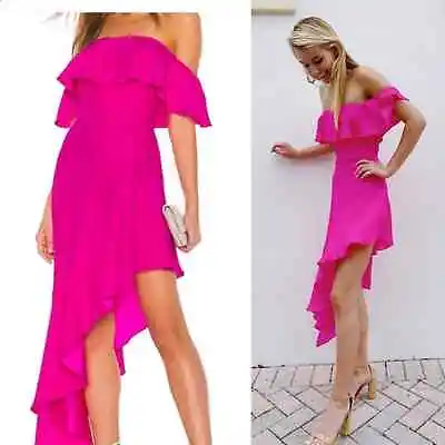 Amanda Uprichard Hot Pink Silk Off Shoulder High Low Flutter Dress Size Small • $52.50