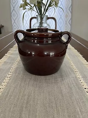 Vintage Brown Glazed Bean Pot With Lid • $20