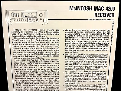 Mcintosh Mac4200 Receiver Original Techni-data Quicksheet Jo1301 • $14.99