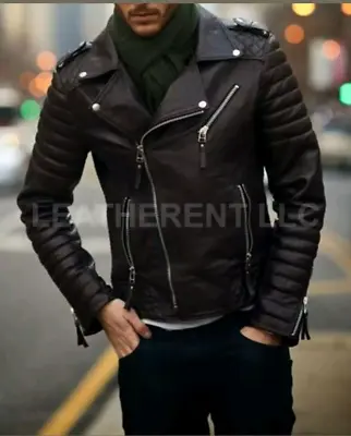 MENS Genuine Lambskin Quilted Leather Motorcycle Stylish Slim Fit Biker Jacket • $107.98