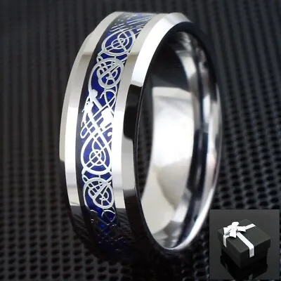 Tungsten Carbide Men's Ring Blue Celtic Dragon Wedding Band Year Of The Dragon • $14.99
