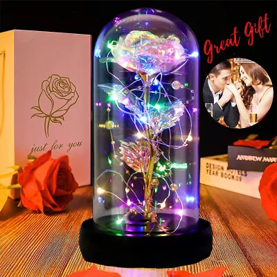 LED Light Enchanted Eternal Flower Rose In Glass Dome Valentine Day Gift Decor • $22.90