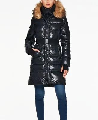 S13 Women's Challet Belted Faux-Fur-Trim Down Puffer Coat Black XS *Defect • $89.20