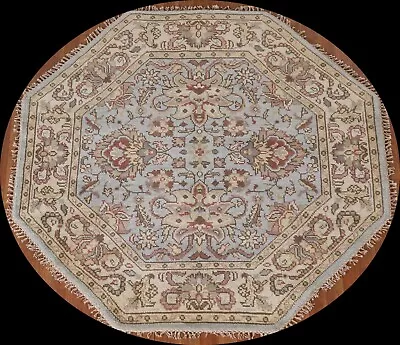 Floral Heriz Serapi Light Blue/ Ivory Octagon Rug 6'x6' Wool Hand-knotted Carpet • $533