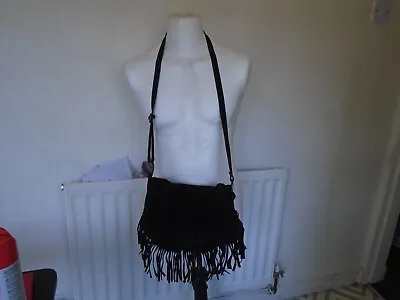 £4.99 • Buy Ladies Black Vintage  Leather Italian Fringed Crossbody/shoulder Bag
