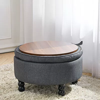 Upholstered Coffee Table Round Ottoman Stool Storage Pouffe Fabric/Wooden Top • £95.95