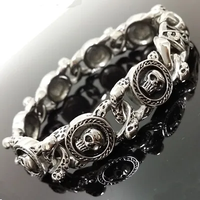 Stainless Steel Silver Black Skull Link Chain Gothic Men Bracelet 8.66  15.5mm • $11.79