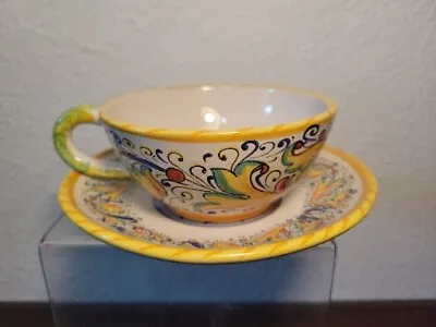  ITALIAN  MAJOLICA  RICCO LATTE CUP & SAUCER Hand Painted MINT! • $25