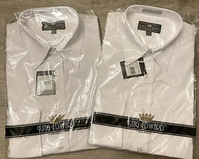 Long Sleeve Mens Button Up Dress Shirt WHITE 14 -14 1/2 SMALL 32/33 Set Of 2 NOS • $15.99
