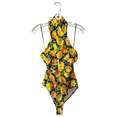 Zara Halter Bodysuit Size Large Criss Cross Floral Print Yellow Roses • $20