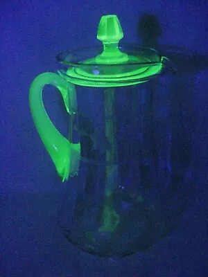 Vintage Green Uranium Vaseline Glass Etched Flower Lid Pitcher Jug 10.75 In Tall • $52.99