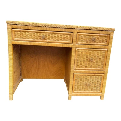 $975 • Buy Vintage Mid 20th Century Boho Chic Style Wrapped 4 Drawer Wicker Desk