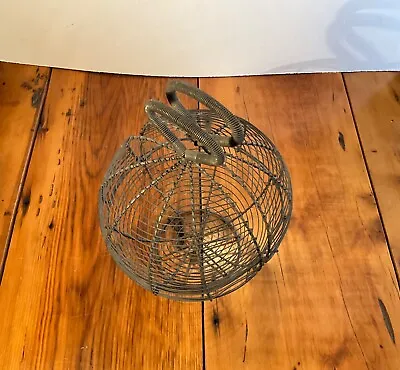 Primitive French Metal Wire Mesh Antique Egg Basket Retractable Lid & Handles • $65