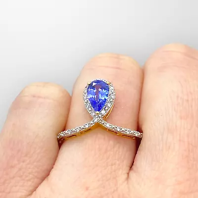 9ct Yellow Gold Pear 1ct Tanzanite & White Sapphire Ring Size U UK Hallmarked • £795