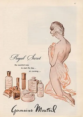 1964 Germaine PRINT AD Monteil  Royal Secret  Illustrated Lady Bathe Decor ART  • $14.99