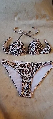 H&M Swim Sz 34A/6 Bikini Set Multicolor Cheetah Cougar Print Swimsuit Underwire • $6.99