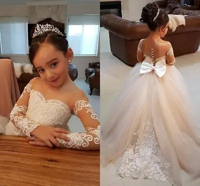 Retro Flower Girl Wedding Dress Lace Bow Child First Communion Dress • $129.90