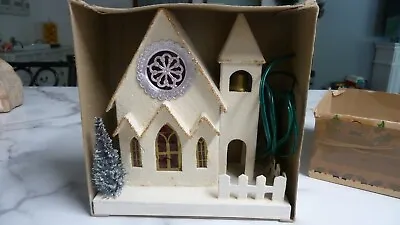$65 • Buy Vintage  World Wide Christmas Village Church Illuminated  Mica Putz W/Box