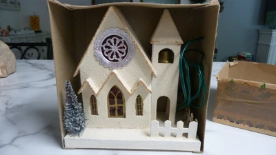 $65 • Buy Vintage  World Wide Christmas Village Church Illuminated  Mica Putz W/Box