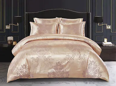 4Pcs Luxury Jacquard Duvet Quilt Covers Silk Bedding Set+ Fitted Sheet All Sizes • £26.45