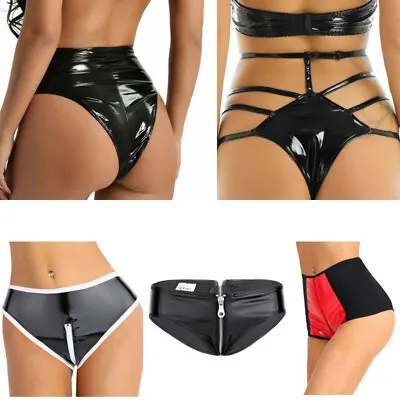 Womens PVC Leather Bikini Briefs High Waist Zip High Cut Thong Panty Knicker • £9.39