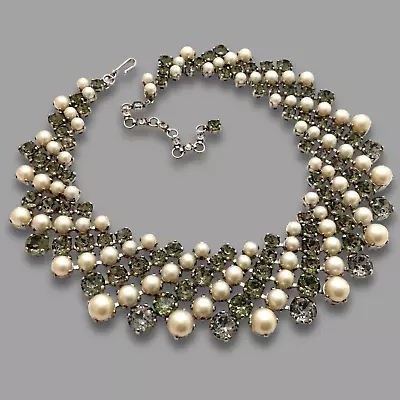 Vintage Signed TRIFARI Regency Black Diamond Rhinestone Faux Pearl Bib Necklace • $450