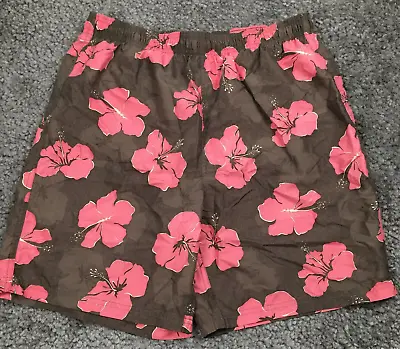 VTG Breakwater Mens Hawaiian Swim Short Trunks Size M Pink Brown Hibiscus Floral • $12.74