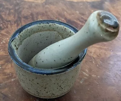 Vintage Stoneware Pestle And Mortar Blue Brown Speckled • $19.90