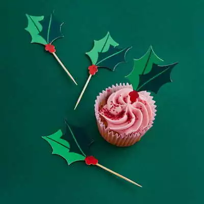 12 Holly Christmas Food Cocktail Sticks Cake Pick Cupcake Sandwich Buffet Topper • £3.85