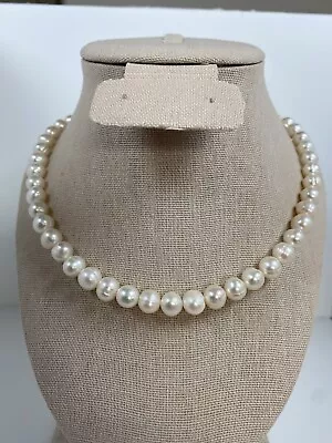 Vtg Genuine Natural 9mm White Round Pearl Necklace Silver Clasp 17” • $24.95