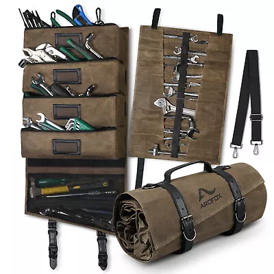 Heavy Duty Roll Up Tool Bag Pouch Waxed Canvas Organizer 5 Pockets For Mechanic • $39.99