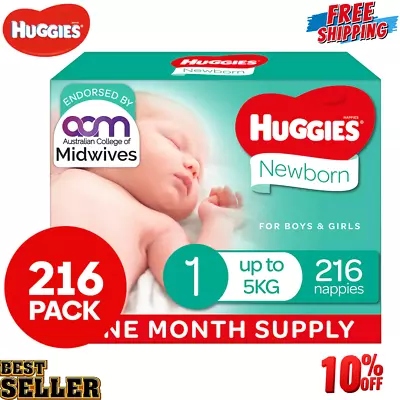 $99.99 • Buy Huggies Newborn Nappies Size 1 (up To 5kg) 1 Month Supply 216 Count
