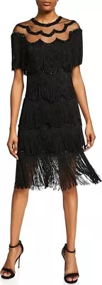 Naeem Khan Black Fringed Beaded Cocktail Party Runway Dress Size 10 • $299