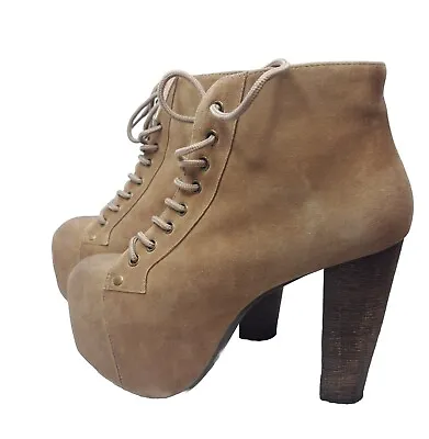 S Jeffrey Campbell LITA 5.5M Tan Suede Lace Up Platform Shoes Funky Heel Havana • $55.90