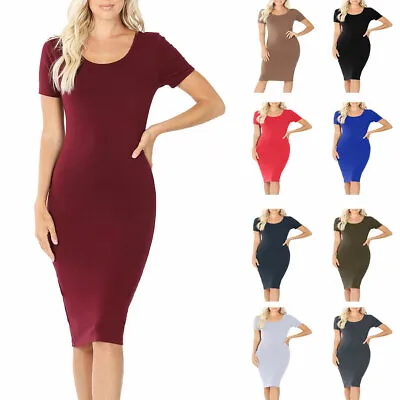 Womens Short Sleeve Cotton Bodycon Fitted Knee Length Midi Dress  • $20.95