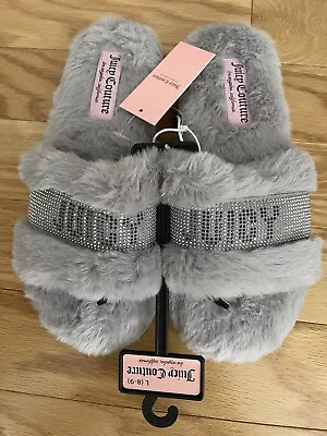 Juicy Couture Rhinestone Logo Faux Fur Slides Slippers Grey Women’s Size L 8/9 • $34.99