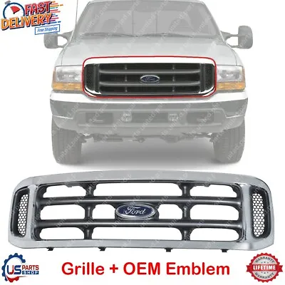 New Front Grill Chrome & OEM Emblem Set Of 2 For 1999-2004 Ford F-250 Super Duty • $220.10