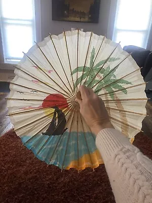 Vintage Asian Rice Paper Bamboo Parasol Umbrella Hand Painted Sailboat Sunset • $36