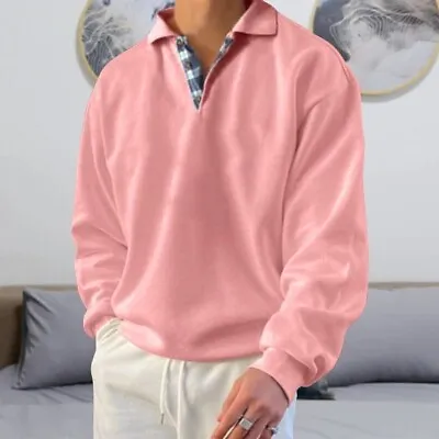 Mens V Neck Casual Sweatshirt Long Sleeve Loose Turn Down Pullover Blouse Tops • $20.36